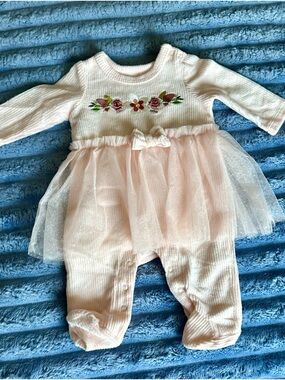 Pink Floral Embroidered Tulle Baby One-Piece Bodysuit